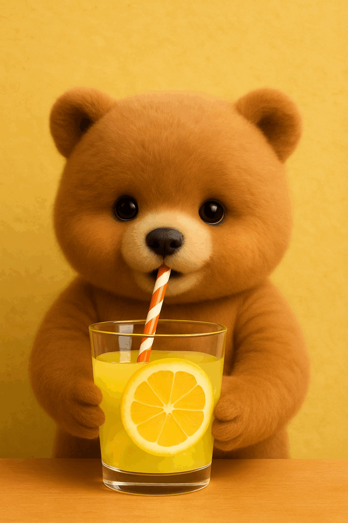 AIで作ったレモネードを飲むくまさんのイラスト。
親子で一緒に考えた作品。