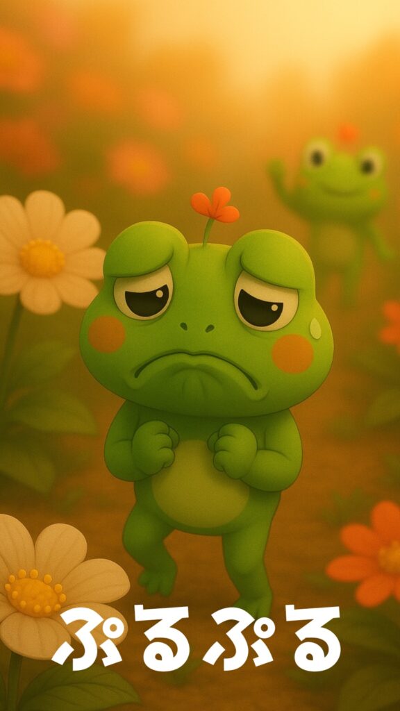 子どもが考えたキャラクター「ぷるぷるカエル」。
やさしい表情が特徴。