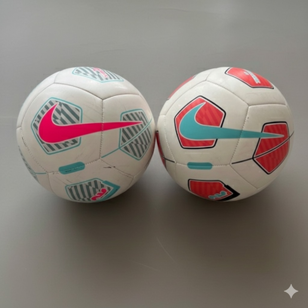 姉妹が選んだ2つのサッカーボール。白地にピンクと水色のデザインが特徴」