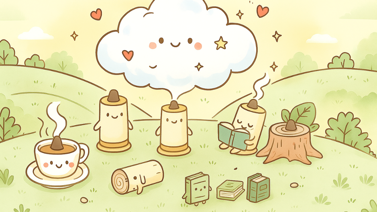 やさしい丘の上で、お灸たちが本を読んだりお茶を飲んだりしながらくつろいでいるイラスト。 ふんわりした雲が微笑み、温かい湯気とハートが漂う、癒しとぬくもりを感じる北欧ナチュラルな世界観。
