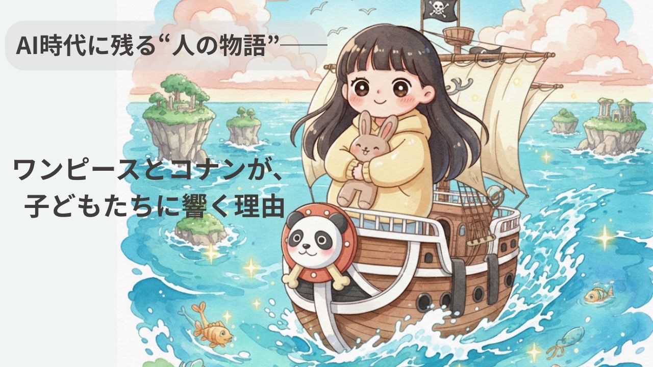 やわらかな水彩タッチで描かれた女の子が、小さな船に乗って海を進んでいる。 「AI時代に残る“人の物語”」「ワンピースとコナンが子どもたちに響く理由」という文字が添えられ、 世代を超えてつながる物語の温かさをイメージした構図。