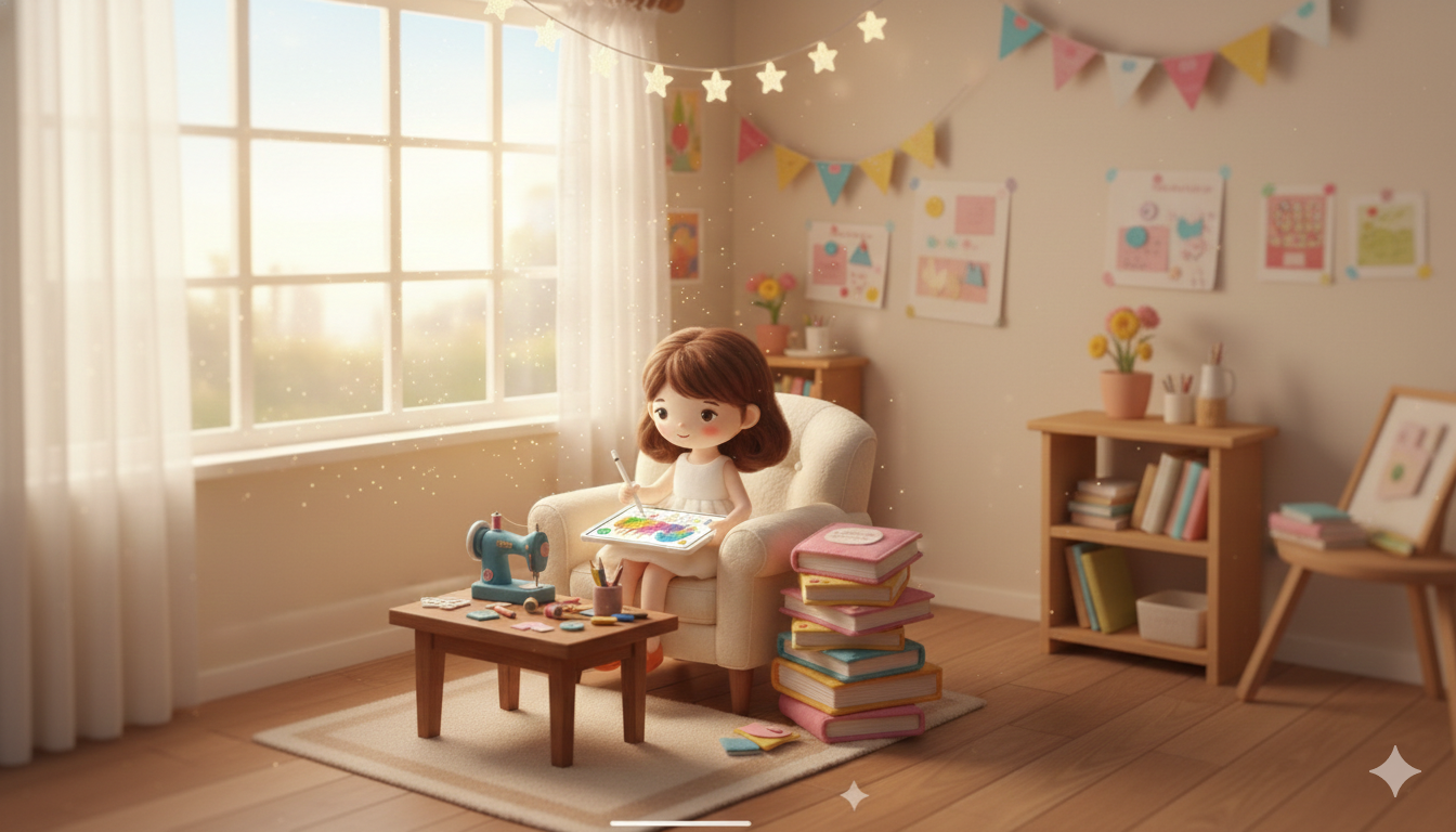 柔らかな光が差し込むアトリエで、楽しそうにイラストを描く女の子。周りには絵本や星の飾りが並ぶ、温かい3Dクレイ風のイラスト。
